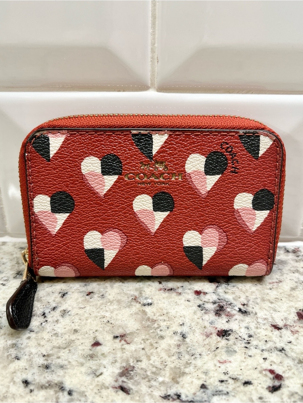 Coach Checkered Hearts Zip Around Card Case NWOT